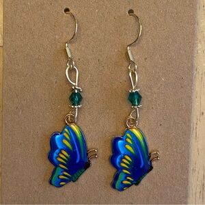 Hand Crafted Blue Green Yellow Butterfly Beaded Dangle Earrings